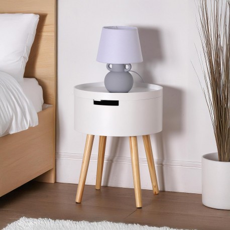 MESA AUXILIAR REDONDA BLANCA CON CAJON