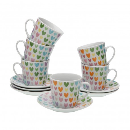 SET 6 TAZAS TE CON PLATO COLOUR HEARTS