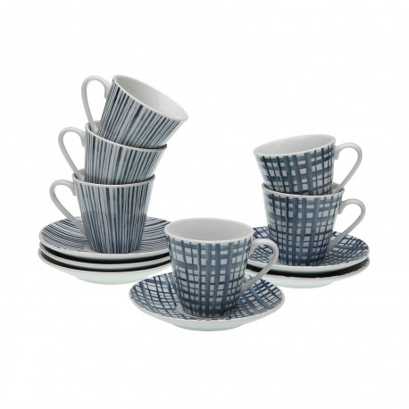 SET 6 TAZAS CAFE CON PLATO RAYAS AZULES