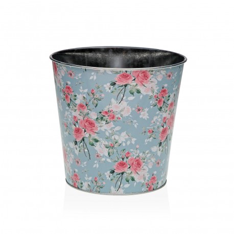 MACETA METALICA AZUL CON FLORES XL