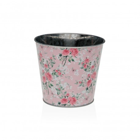 MACETA METALICA ROSA CON FLORES S
