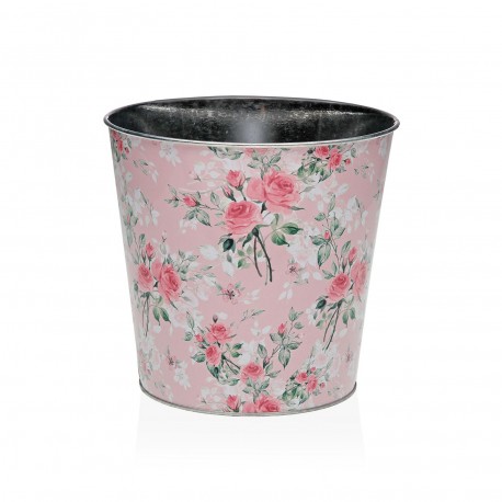 MACETA METALICA ROSA CON FLORES XL