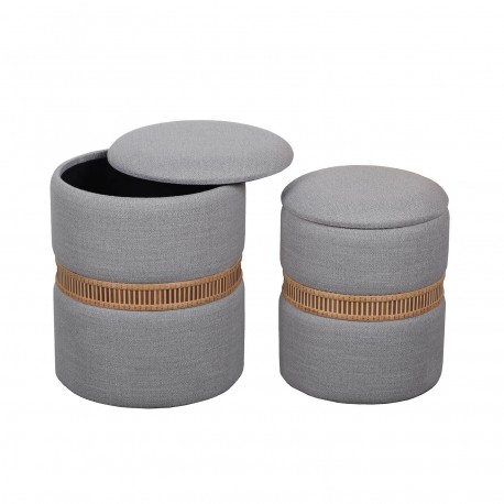 SET DE 2 PUFF CON ALMACENAJE GRIS ANILLO DE BAMBU