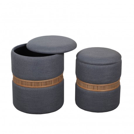 SET DE 2 PUFF CON ALMACENAJE GRIS OSC ANILLO BAMBU