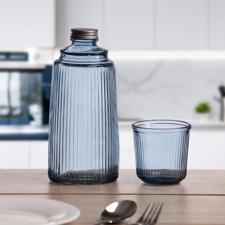 BOTELLA  CON VASO CRISTAL AZUL