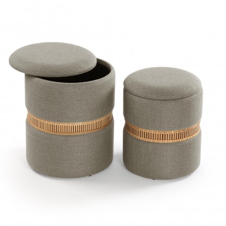 SET DE 2 PUFF CON ALMACENAJE GRIS ANILLO DE BAMBU