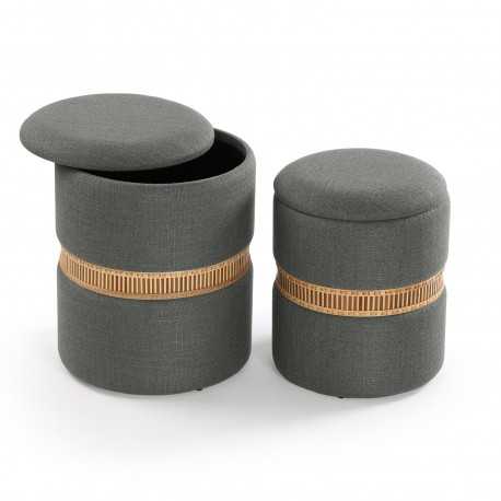 SET DE 2 PUFF CON ALMACENAJE GRIS OSC ANILLO BAMBU