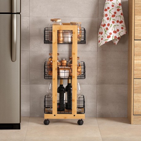 ESTANTERIA RECTANGULAR BAMBU CON 3 CESTAS NEGRAS