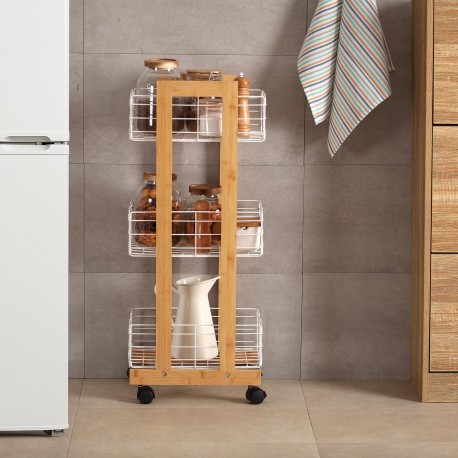 ESTANTERIA RECTANGULAR BAMBU CON 3 CESTAS BLANCAS