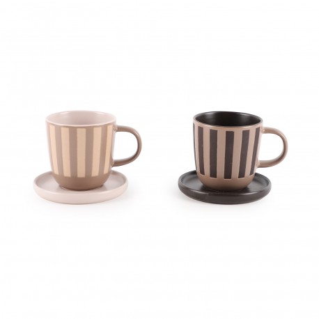SET 6 CAFE TAZAS C/PLATO RAYAS MARRON