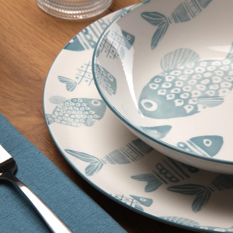 VAJILLA 18 PIEZAS PECES AZUL