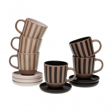 SET 6 CAFE TAZAS C/PLATO RAYAS MARRON
