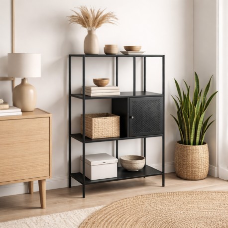 ESTANTERIA 4 BALDAS NEGRA CON CAJON