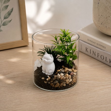 MACETA DE CRISTAL CON PLANTA Y GATO