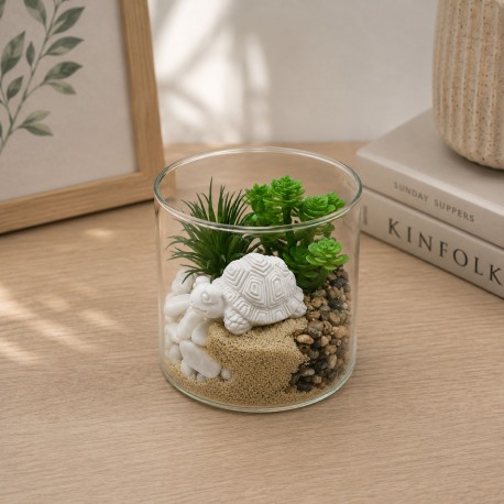 MACETA DE CRISTAL CON PLANTA Y TORTUGA