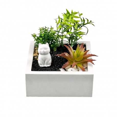 MACETA DE CEMENTO CON PLANTA Y GATO