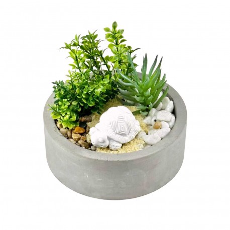 MACETA DE CEMENTO CON PLANTA Y TORTUGA