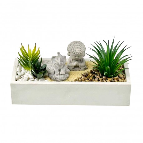 MACETA CEMENTO BLANCA CON PLANTA ELEFANTE Y BUDA