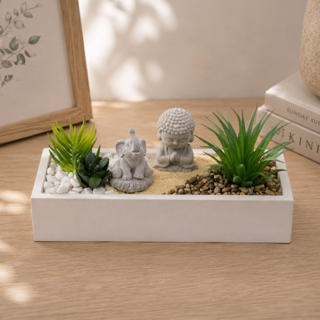 MACETA CEMENTO BLANCA CON PLANTA ELEFANTE Y BUDA