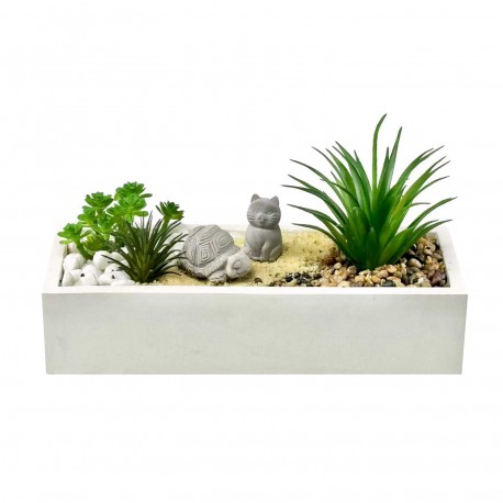 MACETA CEMENTO BLANCA CON PLANTA TORTUGA Y GATO