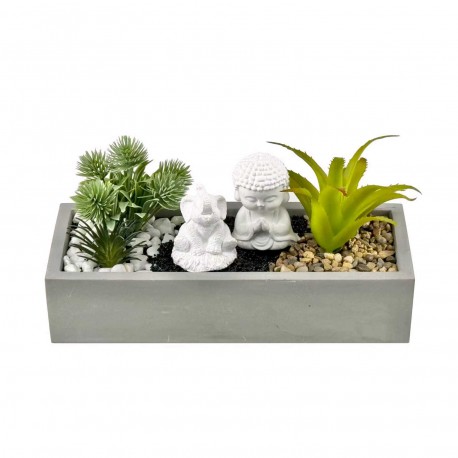 MACETA CEMENTO BLANCA CON PLANTA ELEFANTE Y BUDA