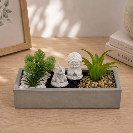 MACETA CEMENTO BLANCA CON PLANTA ELEFANTE Y BUDA