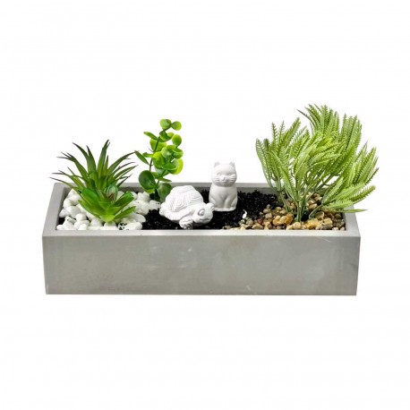 MACETA CEMENTO BLANCA CON PLANTA TORTUGA Y GATO