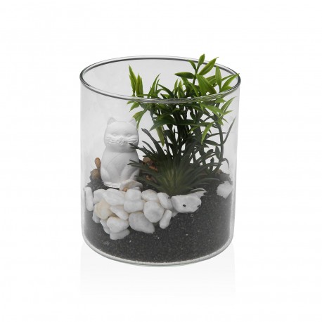 MACETA DE CRISTAL CON PLANTA Y GATO