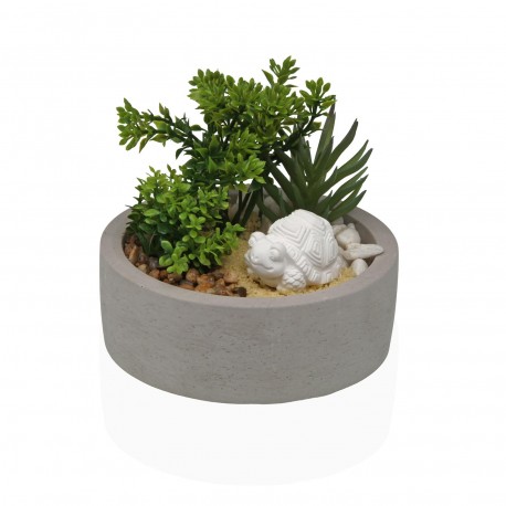MACETA DE CEMENTO CON PLANTA Y TORTUGA
