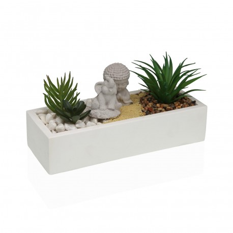 MACETA CEMENTO BLANCA CON PLANTA ELEFANTE Y BUDA