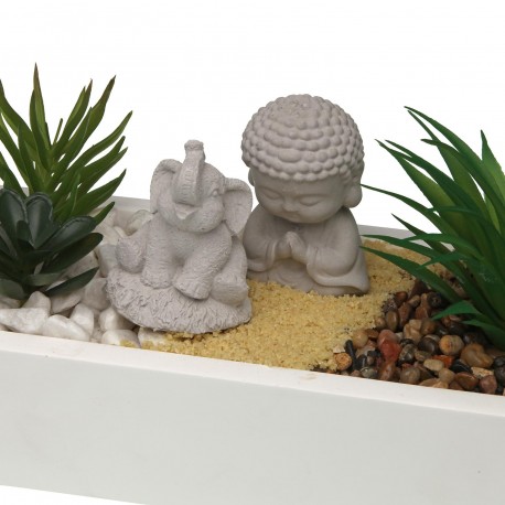 MACETA CEMENTO BLANCA CON PLANTA ELEFANTE Y BUDA