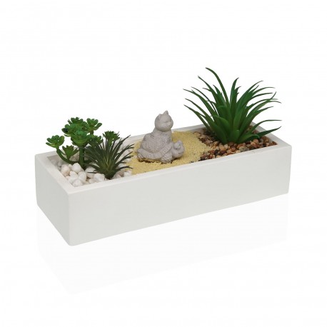 MACETA CEMENTO BLANCA CON PLANTA TORTUGA Y GATO