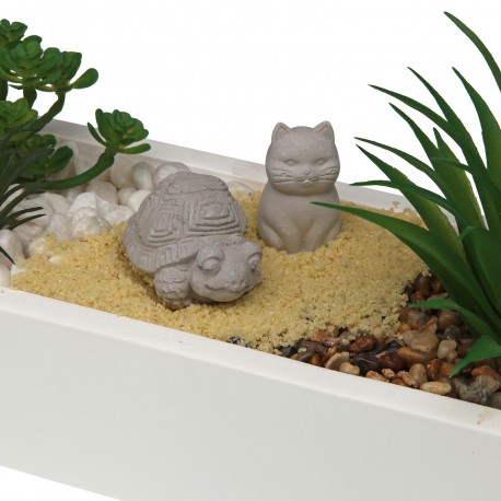 MACETA CEMENTO BLANCA CON PLANTA TORTUGA Y GATO
