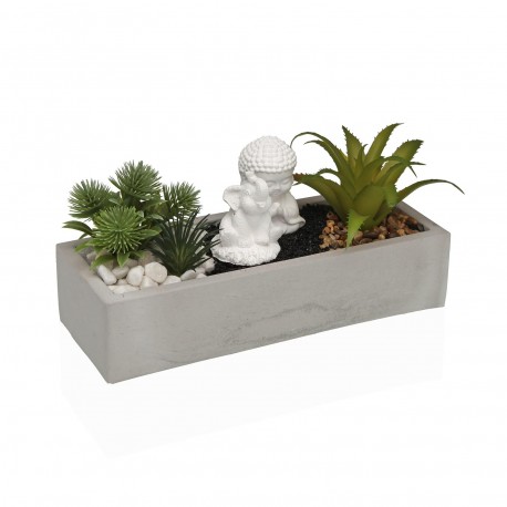 MACETA CEMENTO BLANCA CON PLANTA ELEFANTE Y BUDA