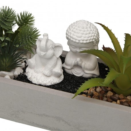 MACETA CEMENTO BLANCA CON PLANTA ELEFANTE Y BUDA