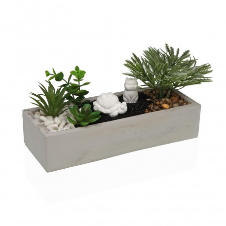 MACETA CEMENTO BLANCA CON PLANTA TORTUGA Y GATO