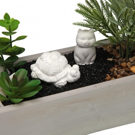 MACETA CEMENTO BLANCA CON PLANTA TORTUGA Y GATO