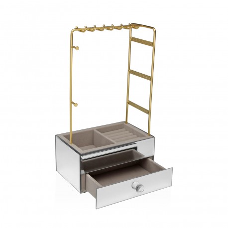 JOYERO METALICO DORADO CON BASE DE MADERA BLANCA