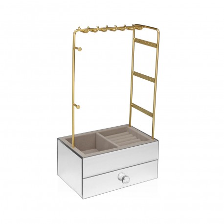 JOYERO METALICO DORADO CON BASE DE MADERA BLANCA