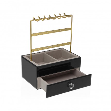 JOYERO METALICO DORADO CON BASE DE MADERA NEGRA