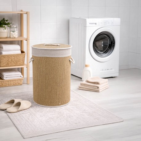 CESTO ROPA REDONDO PLEGABLE RIBETE BLANCO